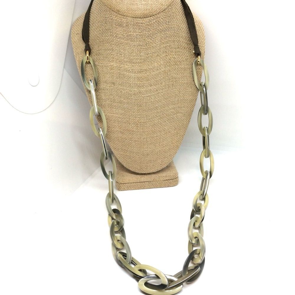 J Crew Necklace Chunky Chain Link Black Cream Ribbon Tie Statement Long